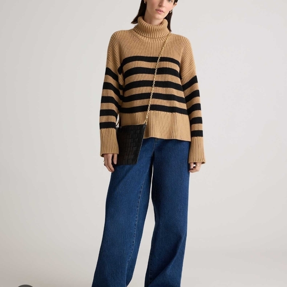 Quince Striped Cotton Chunky Sweater Sz M Medium Turtleneck Bell Wide Sleeve - Picture 2 of 11